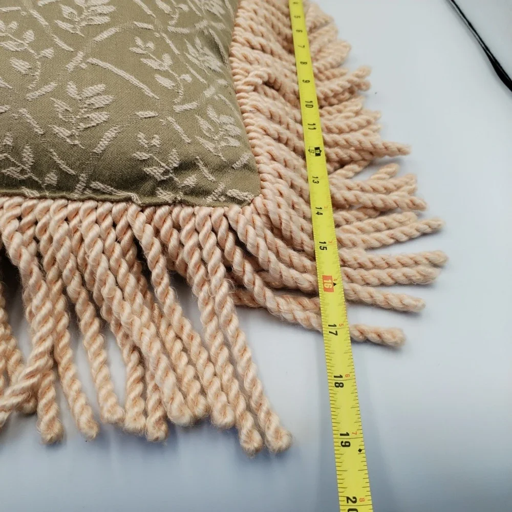 Vtg DAKOTAH Set of 2 Throw Pillows Green Trellis Leaf Jacquard Heavy Rope Fringe